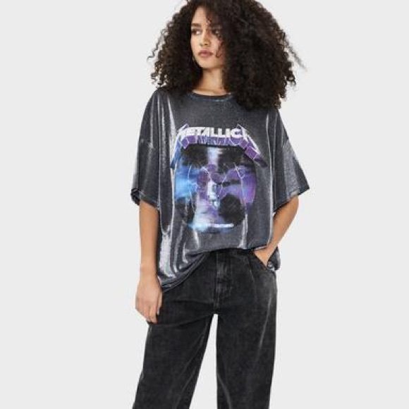 Bershka Tops - NWT Bershka Metallica glitter oversized rock tee in black